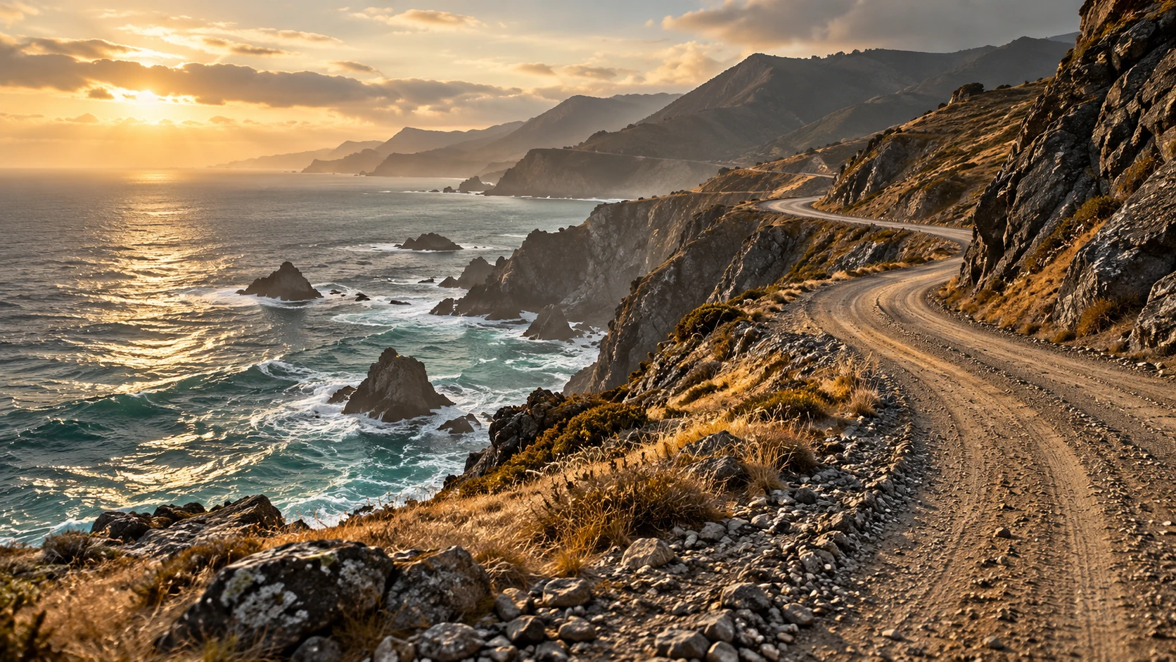 A rugged coastal dirt road winding around dark cliffs above blue-gray water. AI promotional concept artwork, not gameplay.