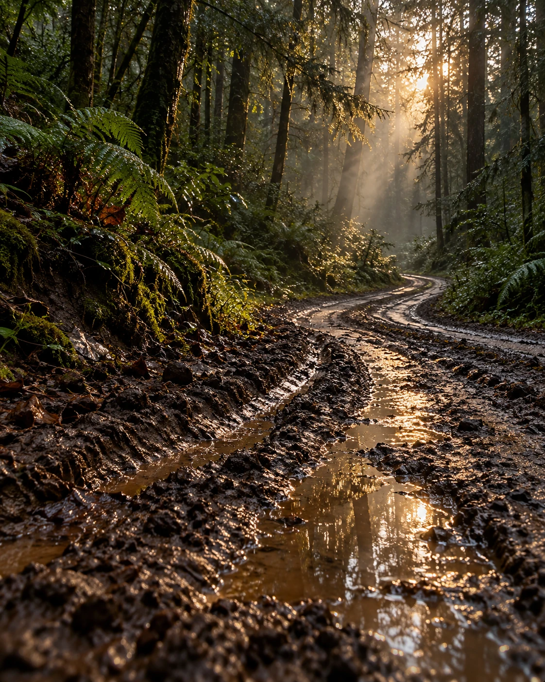 Deep muddy tire tracks leading into a lush forest, with light filtering through the trees. AI promotional concept artwork, not gameplay.