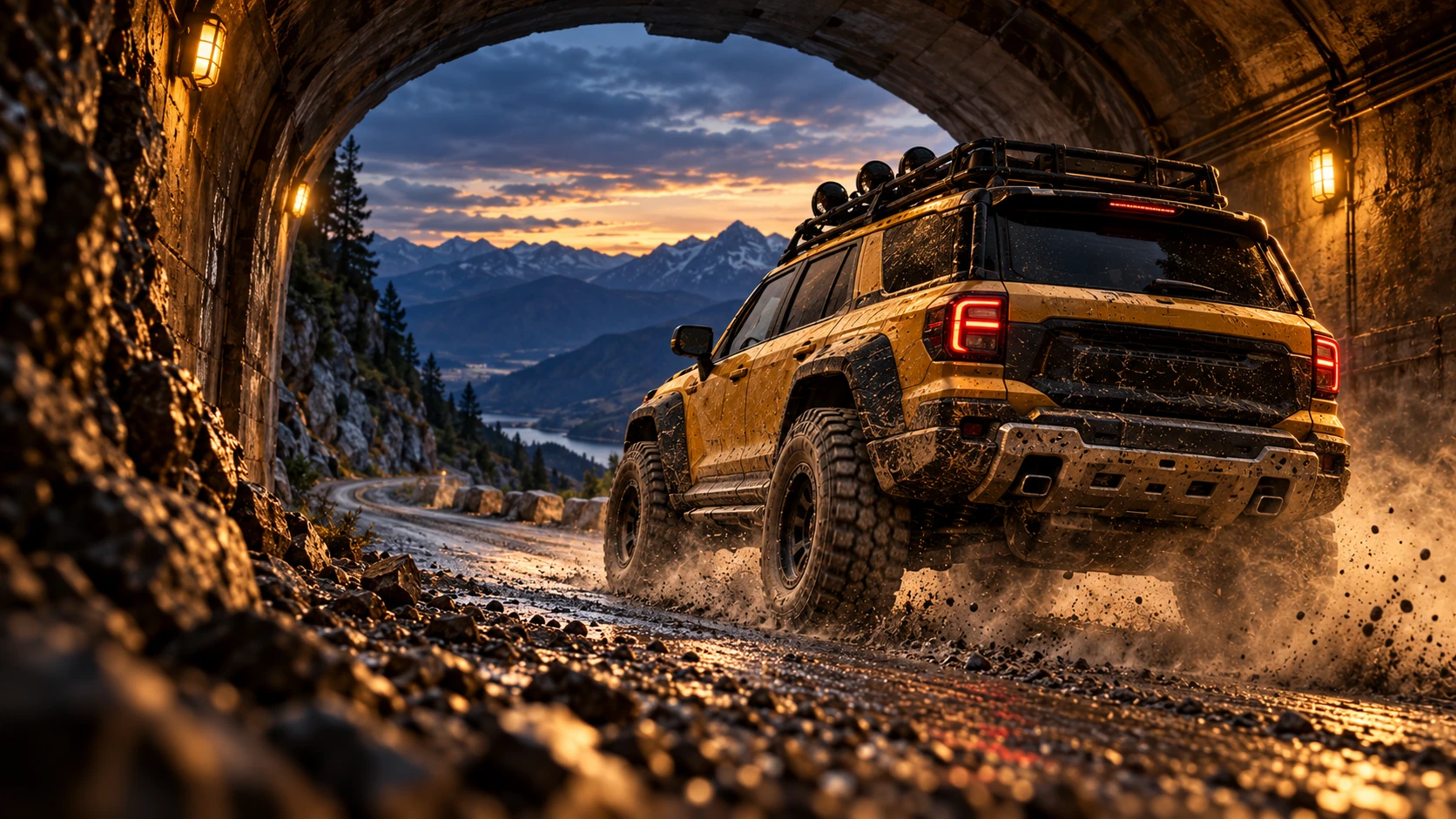 A yellow and charcoal rally SUV emerging from a mountain tunnel at dusk. AI promotional artwork, not gameplay.